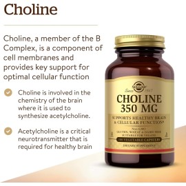 Solgar Choline 350 mg, 100 Vegetable Capsules - Supports Healthy Brain & Cellular Function - Vegan, Gluten Free, Dairy Free, Kosher - 100 Servings Solgar Choline 350 mg, 100 Vegetable Capsules - Supports Healthy Brain & Cellular Function - Vegan, Gluten Free, Dairy Free, Kosher - 100 Servings
