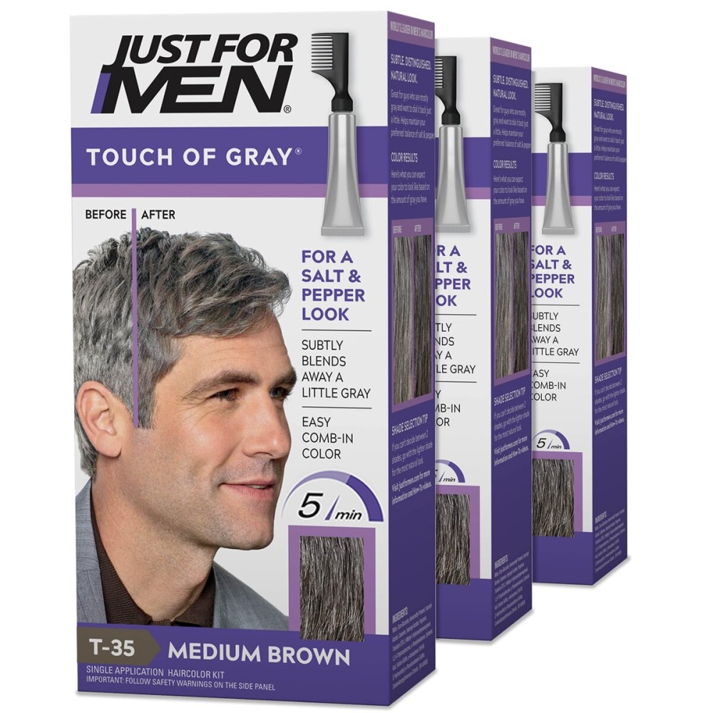Just For Men Touch of Gray, Mens Hair Color Kit with Comb Applicator for Easy Application, Great for a Salt and Pepper Look - Medium Brown, T-35, Pack of 3 Just For Men Touch of Gray, Mens Hair Color Kit with Comb Applicator for Easy Application, Great for a Salt and Pepper Look - Medium Brown, T-35, Pack of 3