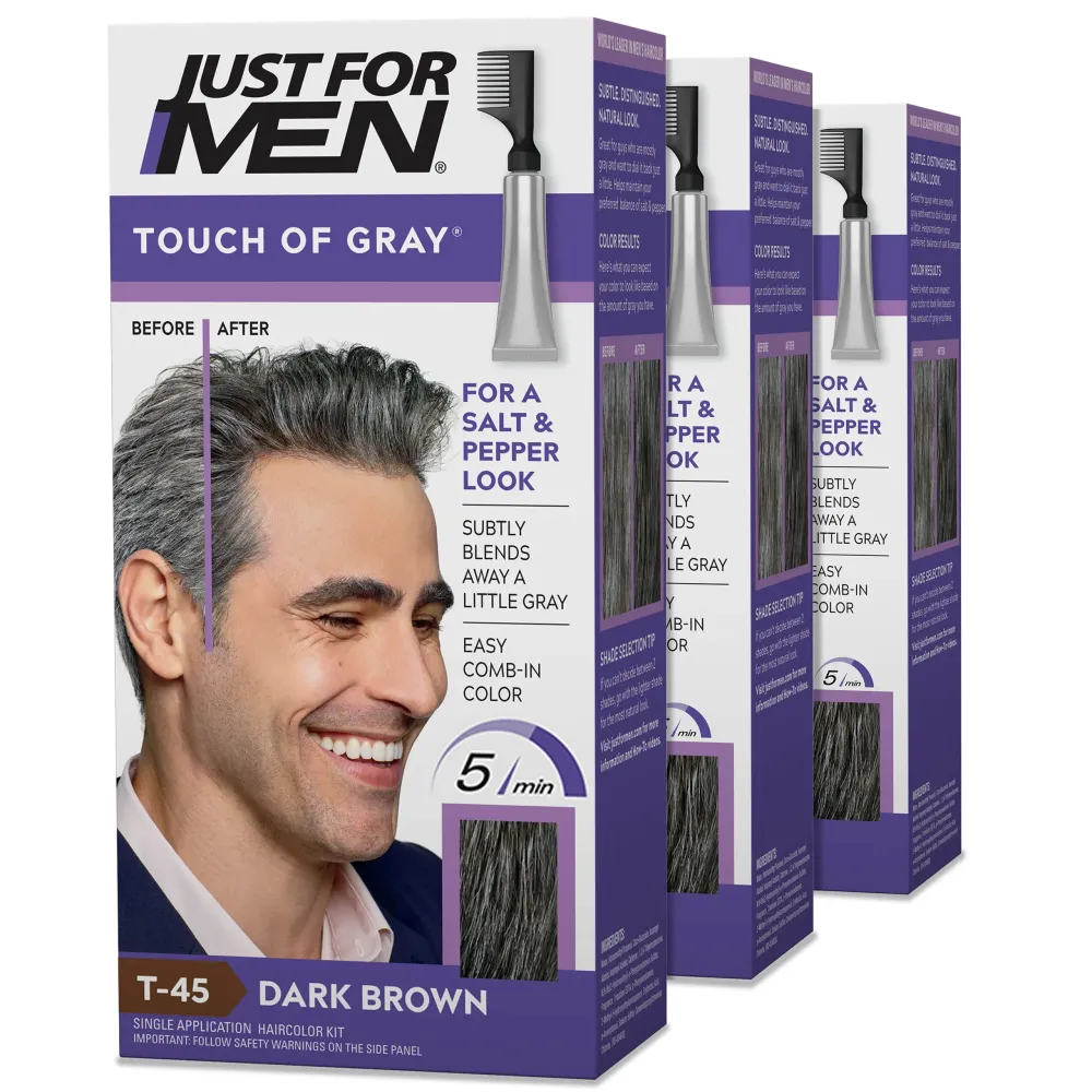Just For Men Touch of Gray, Mens Hair Color Kit with Comb Applicator for Easy Application, Great for a Salt and Pepper Look - Dark Brown, T-45, Pack of 3 Just For Men Touch of Gray, Mens Hair Color Kit with Comb Applicator for Easy Application, Great for a Salt and Pepper Look - Dark Brown, T-45, Pack of 3