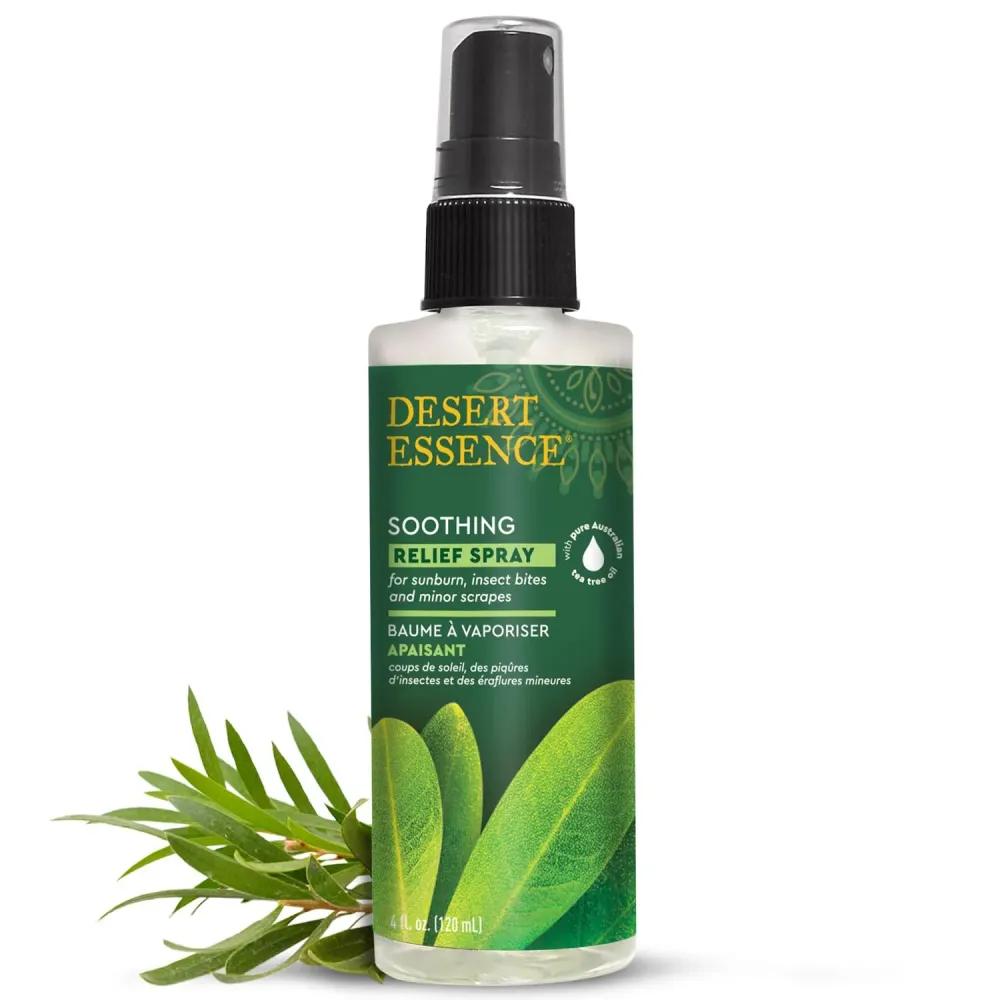 Desert Essence Relief Spray - 4 Fl Oz - Antiseptic Eco-Harvest Tea Tree Oil & Other Essential Oils - Natural First Aid - Minor Burns - Sunburn - Insect Bites - Scrapes - May Comfort Aching Feet Desert Essence Relief Spray - 4 Fl Oz - Antiseptic Eco-Harvest Tea Tree Oil & Other Essential Oils - Natural First Aid - Minor Burns - Sunburn - Insect Bites - Scrapes - May Comfort Aching Feet