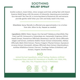 Desert Essence Relief Spray - 4 Fl Oz - Antiseptic Eco-Harvest Tea Tree Oil & Other Essential Oils - Natural First Aid - Minor Burns - Sunburn - Insect Bites - Scrapes - May Comfort Aching Feet Desert Essence Relief Spray - 4 Fl Oz - Antiseptic Eco-Harvest Tea Tree Oil & Other Essential Oils - Natural First Aid - Minor Burns - Sunburn - Insect Bites - Scrapes - May Comfort Aching Feet