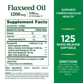 Nature\'s Bounty Flaxseed and Omega 3, Dietary Supplement, Supports Cardiovascular Health, 1200mg, Softgels, 125 ct