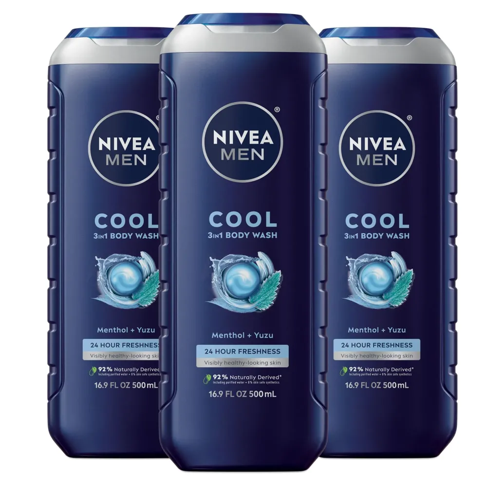NIVEA MEN Cool Body Wash, Icy Menthol and Yuzu Scent, 3-in-1 Men\'s Body Wash, Face and Hair, Paraben Free, pH-Skin Friendly, 16.9 Fl Oz Bottle, Pack of 3 NIVEA MEN Cool Body Wash, Icy Menthol and Yuzu Scent, 3-in-1 Men\'s Body Wash, Face and Hair, Paraben Free, pH-Skin Friendly, 16.9 Fl Oz Bottle, Pack of 3