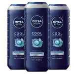 NIVEA MEN Cool Body Wash, Icy Menthol and Yuzu Scent, 3-in-1 Men\'s Body Wash, Face and Hair, Paraben Free, pH-Skin Friendly, 16.9 Fl Oz Bottle, Pack of 3
