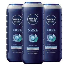 NIVEA MEN Cool Body Wash, Icy Menthol and Yuzu Scent, 3-in-1 Men\'s Body Wash, Face and Hair, Paraben Free, pH-Skin Friendly, 16.9 Fl Oz Bottle, Pack of 3 NIVEA MEN Cool Body Wash, Icy Menthol and Yuzu Scent, 3-in-1 Men\'s Body Wash, Face and Hair, Paraben Free, pH-Skin Friendly, 16.9 Fl Oz Bottle, Pack of 3