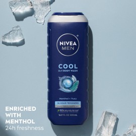 NIVEA MEN Cool Body Wash, Icy Menthol and Yuzu Scent, 3-in-1 Men\'s Body Wash, Face and Hair, Paraben Free, pH-Skin Friendly, 16.9 Fl Oz Bottle, Pack of 3 NIVEA MEN Cool Body Wash, Icy Menthol and Yuzu Scent, 3-in-1 Men\'s Body Wash, Face and Hair, Paraben Free, pH-Skin Friendly, 16.9 Fl Oz Bottle, Pack of 3