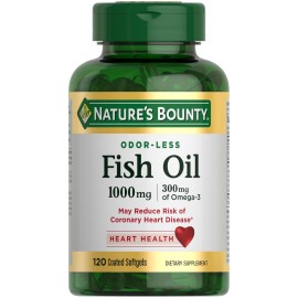 Nature\'s Bounty Fish Oil, Supports Heart Health, Dietary Supplement, 300mg Omega-3, 120 Coated Softgels
