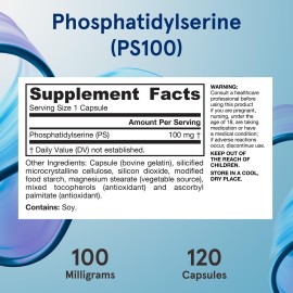 Jarrow Formulas PS100 Phosphatidylserine, 100 mg, Dietary Supplement for Brain Health and Cognition Support, 120 Capsules, Up to a 120 Day Supply Jarrow Formulas PS100 Phosphatidylserine, 100 mg, Dietary Supplement for Brain Health and Cognition Support, 120 Capsules, Up to a 120 Day Supply