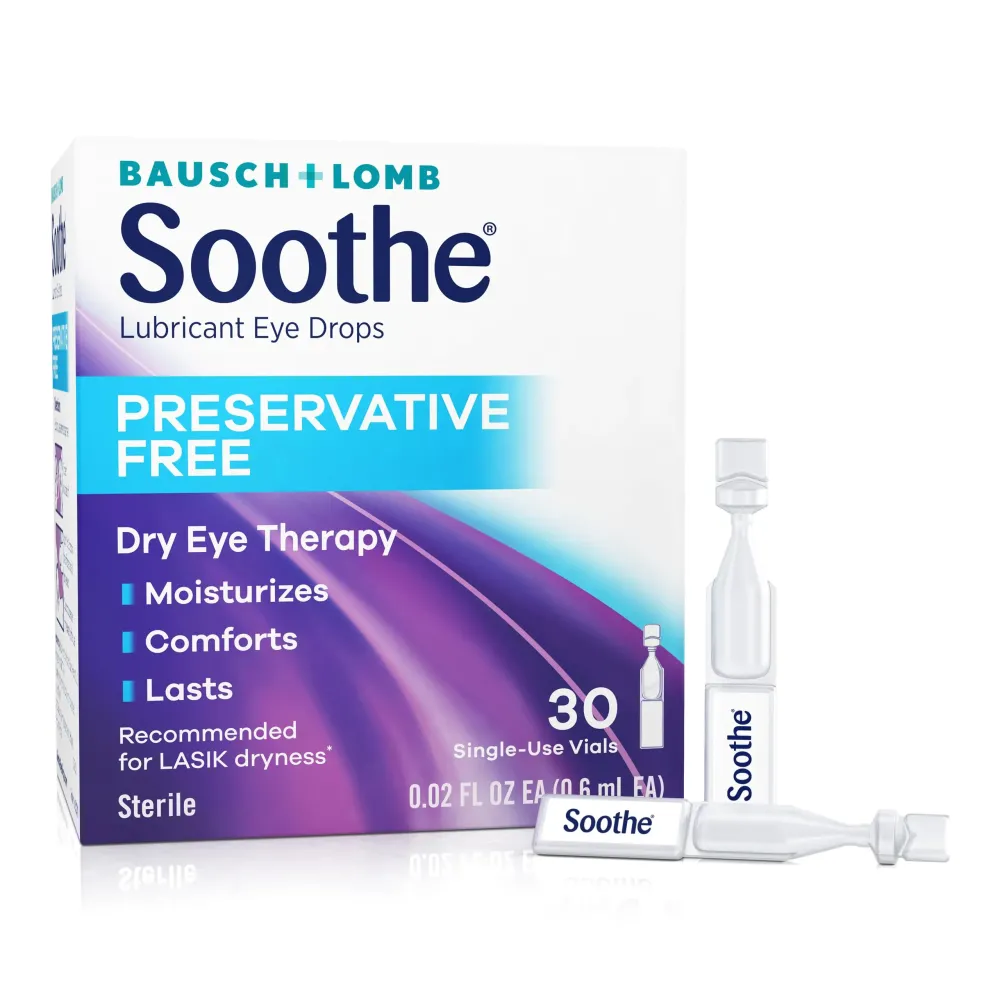 Soothe Preservative Free Lubricant Eye Drops, Long-Lasting Dry Eye Relief, Moisturizing & Comforting, Suitable for Sensitive Eyes, Single Use Vials, 30 Count Soothe Preservative Free Lubricant Eye Drops, Long-Lasting Dry Eye Relief, Moisturizing & Comforting, Suitable for Sensitive Eyes, Single Use Vials, 30 Count
