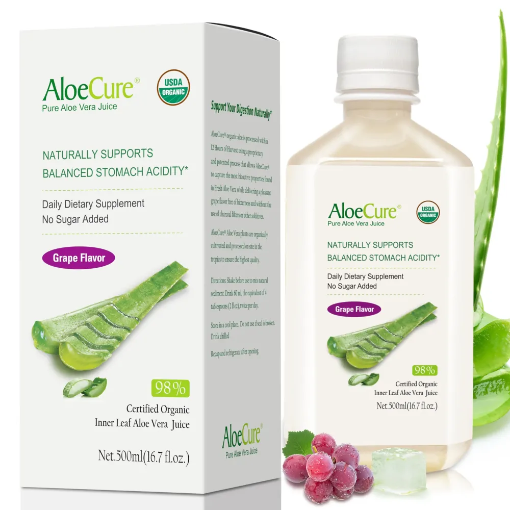 AloeCure USDA Organic Aloe Vera Juice Grape Flavor, Made Within 12 Hours of Harvest - Pure Aloe Vera Digestive & Immune Health Supplement, Helps Maintain Balanced Stomach Acidity, 16.7oz Bottle AloeCure USDA Organic Aloe Vera Juice Grape Flavor, Made Within 12 Hours of Harvest - Pure Aloe Vera Digestive & Immune Health Supplement, Helps Maintain Balanced Stomach Acidity, 16.7oz Bottle