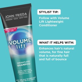 John Frieda Volume Lift Weightless Shampoo, Lightweight Volumizing Shampoo with Air-Silk Technology for Fine or Flat Hair, Adds Natural Fullness, Safe for Color-Treated Hair, 8.45 Oz John Frieda Volume Lift Weightless Shampoo, Lightweight Volumizing Shampoo with Air-Silk Technology for Fine or Flat Hair, Adds Natural Fullness, Safe for Color-Treated Hair, 8.45 Oz
