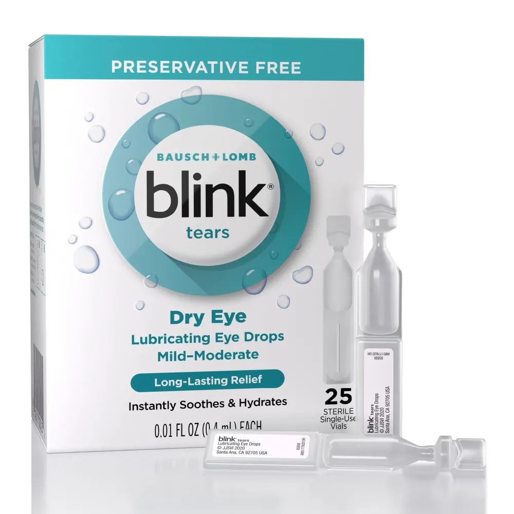 Blink Tears Lubricating Eye Drops Preservitive Free, Moisturizing & Soothing for Mild to Moderate Dry Eyes, with Hyaluronate, Reduces Discomfort, Long-Lasting Hydration, 0.01 Vials (25 Count) Blink Tears Lubricating Eye Drops Preservitive Free, Moisturizing & Soothing for Mild to Moderate Dry Eyes, with Hyaluronate, Reduces Discomfort, Long-Lasting Hydration, 0.01 Vials (25 Count)