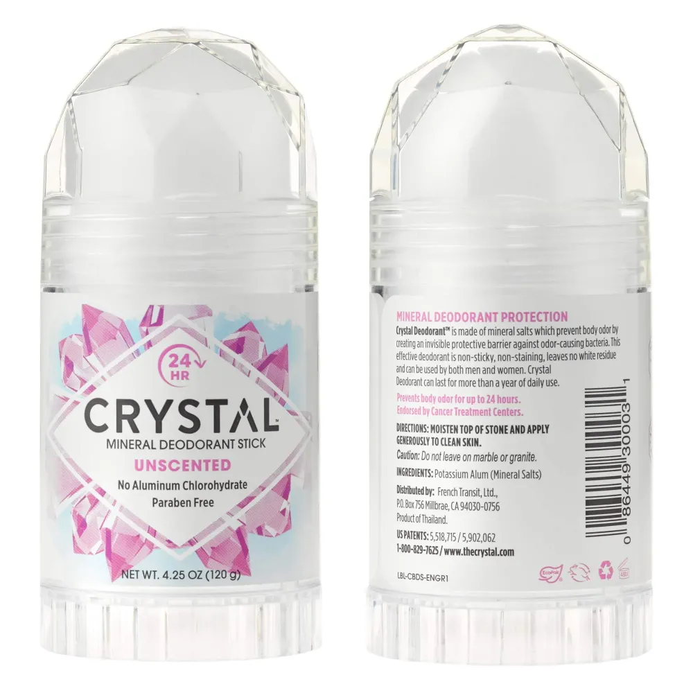 CRYSTAL Mineral Deodorant Stick - Unscented Body Deodorant With 24-Hour Odor Protection, Non-Staining & Non-Sticky, Aluminum Chloride & Paraben Free, 4.25 oz, (2 Pack) (Packaging May Vary) CRYSTAL Mineral Deodorant Stick - Unscented Body Deodorant With 24-Hour Odor Protection, Non-Staining & Non-Sticky, Aluminum Chloride & Paraben Free, 4.25 oz, (2 Pack) (Packaging May Vary)