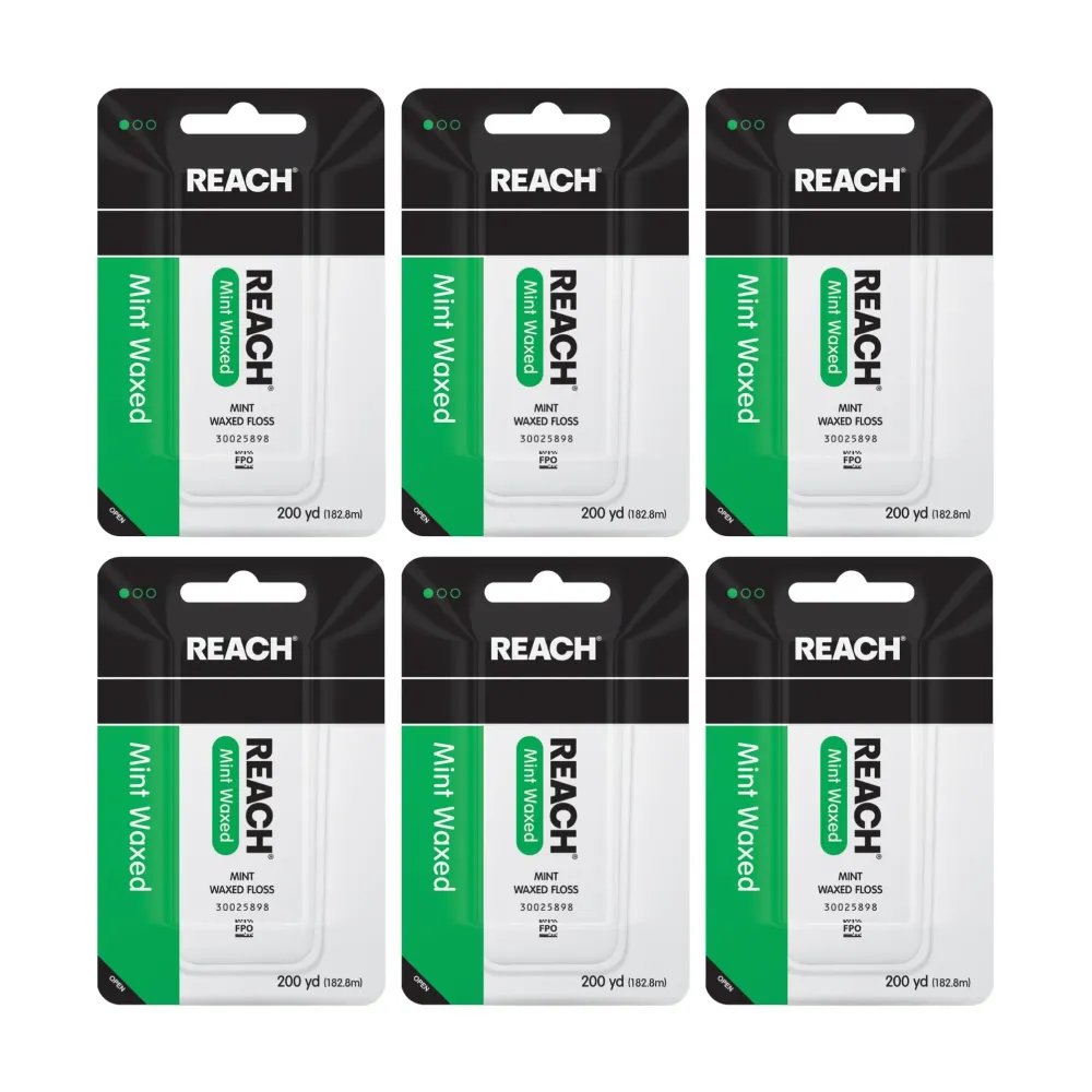 REACH Waxed Dental Floss, Mint, Plaque Remover for Teeth, Shred Resistant, Floss Slides Smoothly, Easy to Use, Waxed, Deep Cleaning Teeth, Oral Care, PFAS Free, for Adults & Kids, 6 Pack, 200 yd REACH Waxed Dental Floss, Mint, Plaque Remover for Teeth, Shred Resistant, Floss Slides Smoothly, Easy to Use, Waxed, Deep Cleaning Teeth, Oral Care, PFAS Free, for Adults & Kids, 6 Pack, 200 yd