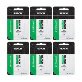 REACH Waxed Dental Floss, Mint, Plaque Remover for Teeth, Shred Resistant, Floss Slides Smoothly, Easy to Use, Waxed, Deep Cleaning Teeth, Oral Care, PFAS Free, for Adults & Kids, 6 Pack, 200 yd