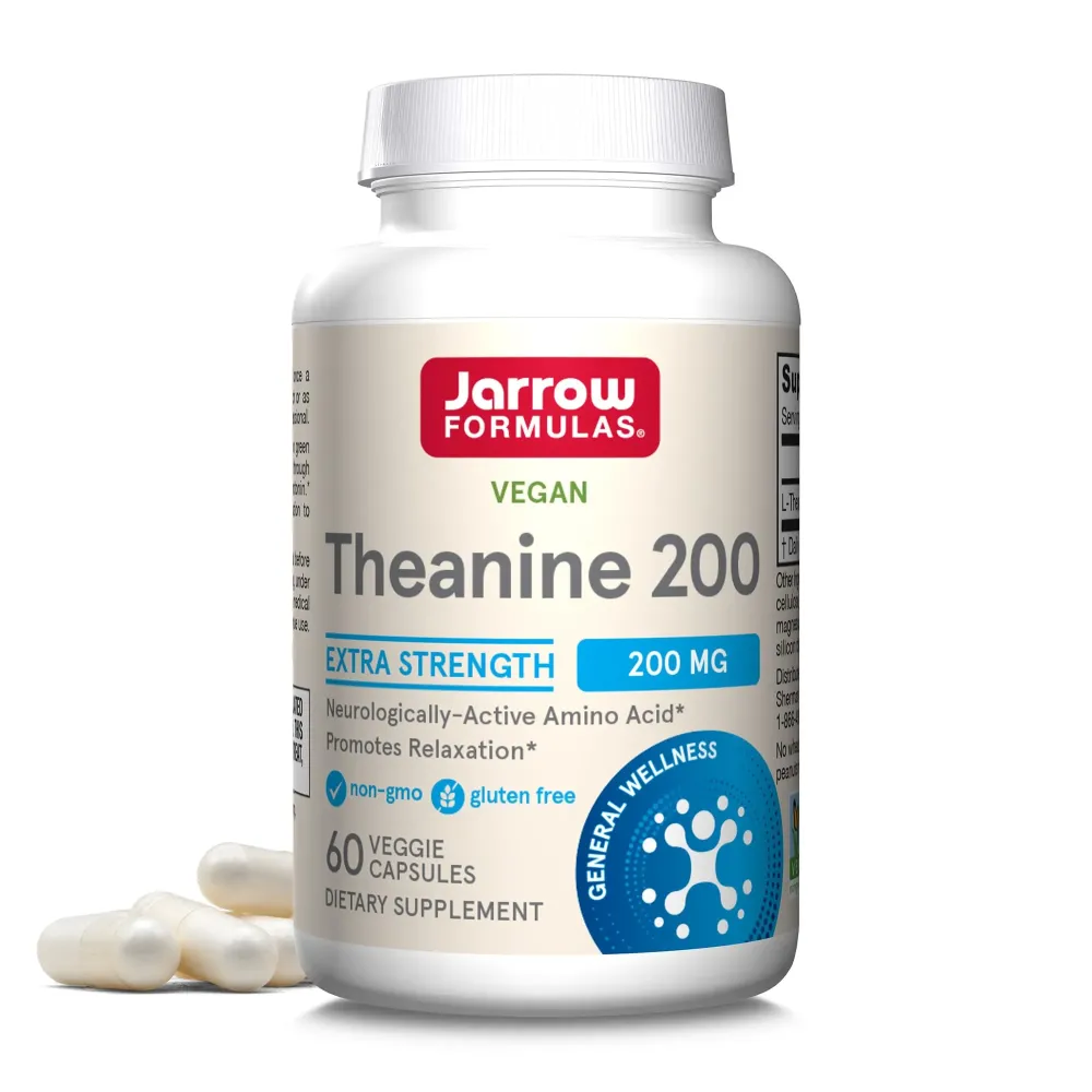 Jarrow Formulas Extra Strength Theanine 200 mg, Dietary Supplement That Promotes Relaxation, Amino Acid Supplement for Relaxation Support, 60 Veggie Capsules, 60 Day Supply Jarrow Formulas Extra Strength Theanine 200 mg, Dietary Supplement That Promotes Relaxation, Amino Acid Supplement for Relaxation Support, 60 Veggie Capsules, 60 Day Supply
