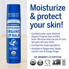 Dr. Bronner\'s - Organic Lip Balm (Peppermint, 0.15 ounce, 6-Pack) - Made with Organic Beeswax and Avocado Oil, For Dry Lips, Hands, Chin or Cheeks, Jojoba Oil for Added Moisture, Cooling and Hydrating Dr. Bronner\'s - Organic Lip Balm (Peppermint, 0.15 ounce, 6-Pack) - Made with Organic Beeswax and Avocado Oil, For Dry Lips, Hands, Chin or Cheeks, Jojoba Oil for Added Moisture, Cooling and Hydrating