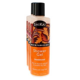 ShiKai Daily Moisturizing Shower Gel (Sandalwood, 12oz, Pack of 3) | Gentle Formula | Aloe Vera & Oatmeal for Soft, Healthy Skin | Dry Skin Relief