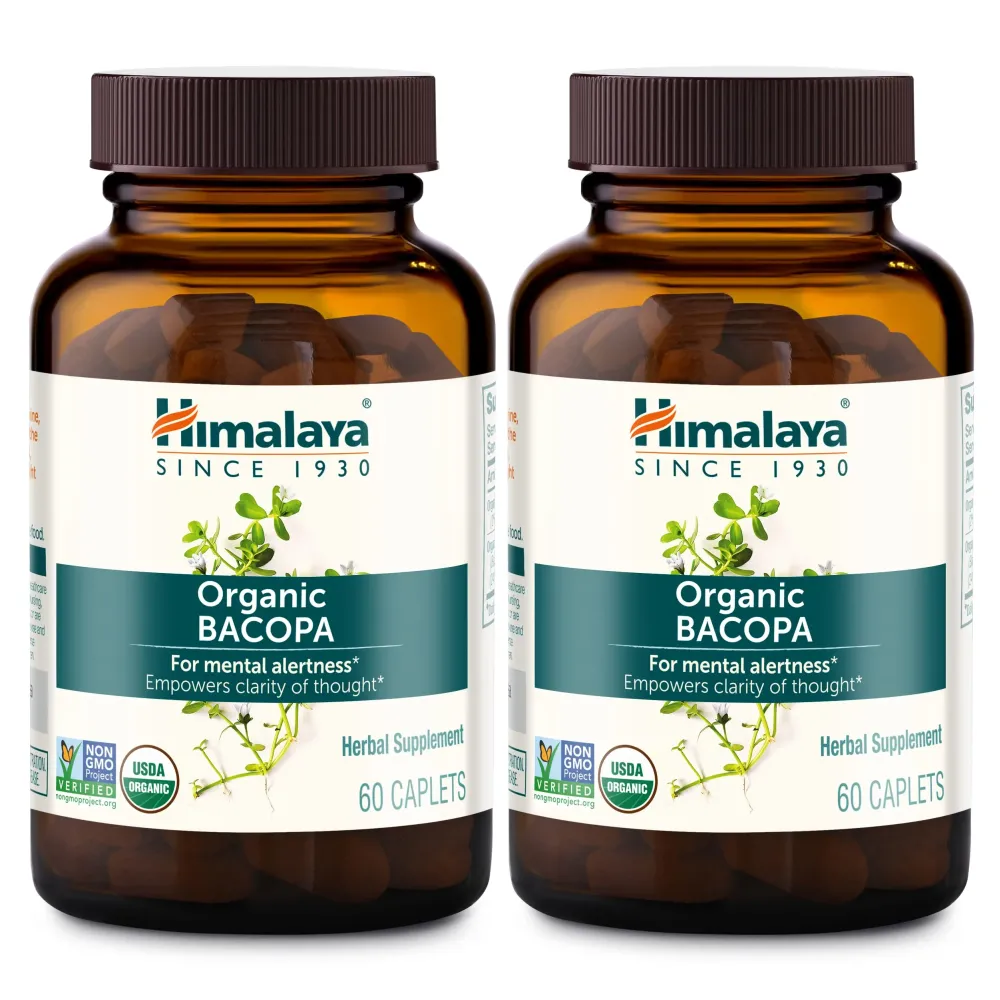 Himalaya Organic Bacopa Monnieri Nootropic Herbal Supplement, Mental Alertness, Supports Calm, Memory, Cognition, USDA Organic, Non-GMO, 750 mg, 60 Plant-Based Caplets, 2 Pack, 120 Day Supply Himalaya Organic Bacopa Monnieri Nootropic Herbal Supplement, Mental Alertness, Supports Calm, Memory, Cognition, USDA Organic, Non-GMO, 750 mg, 60 Plant-Based Caplets, 2 Pack, 120 Day Supply