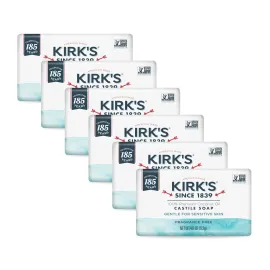 Kirk\'s Castile Bar Soap for Men, Women & Children - Made with Premium Coconut Oil, Sensitive Skin Formula- Vegan & Non GMO- Fragrance Free- 4 oz. Bars 6 Pack