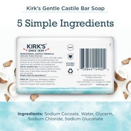 Castile Bar Soap by Kirks | Clean Soap for Men, Women & Children | Premium Coconut Oil | Sensitive Skin Formula, Vegan | Fragrance-Free/Unscented | 4 oz. Bars - 3 Pack
