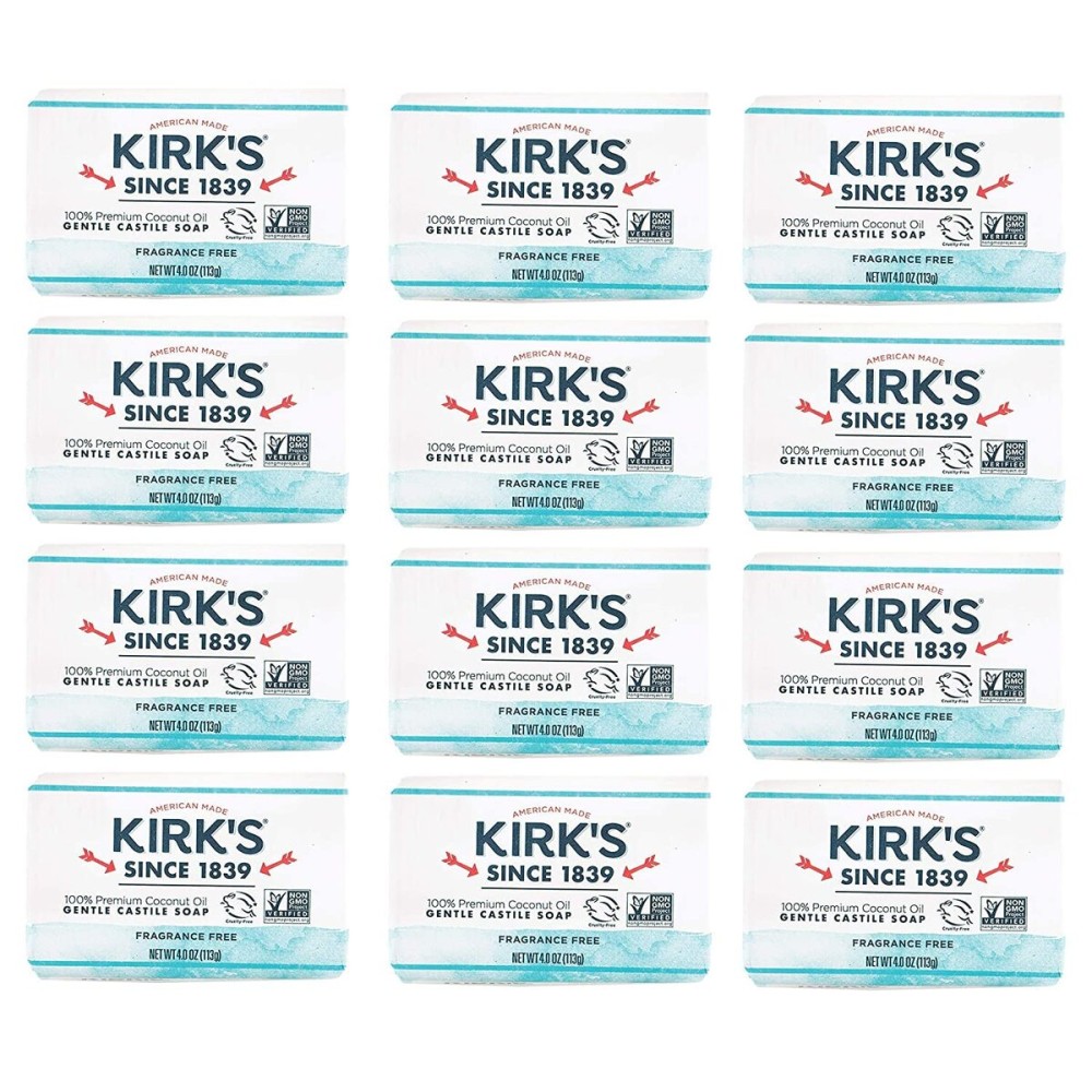 Castile Bar Soap by Kirks | Clean Soap for Men, Women & Children | Premium Coconut Oil | Sensitive Skin Formula, Vegan | Fragrance-Free/Unscented | 4 oz. Bars - 12 Pack Castile Bar Soap by Kirks | Clean Soap for Men, Women & Children | Premium Coconut Oil | Sensitive Skin Formula, Vegan | Fragrance-Free/Unscented | 4 oz. Bars - 12 Pack