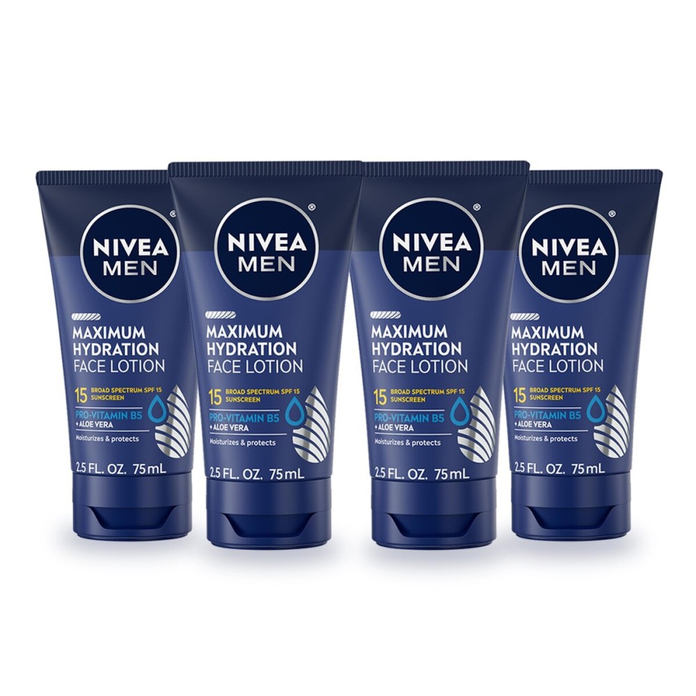 NIVEA MEN Maximum Hydration Face Lotion, Face Lotion with Broad Spectrum SPF 15 Sunscreen for Men, 4 Pack of 2.5 Fl Oz Tubes