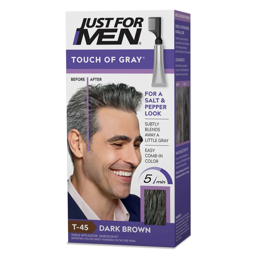Just For Men Touch of Gray, Mens Hair Color Kit with Comb Applicator for Easy Application, Great for a Salt and Pepper Look - Dark Brown, T-45, Pack of 1 Just For Men Touch of Gray, Mens Hair Color Kit with Comb Applicator for Easy Application, Great for a Salt and Pepper Look - Dark Brown, T-45, Pack of 1