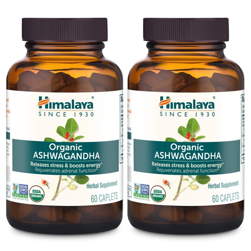 Himalaya Organic Ashwagandha, 120 Day Supply, Herbal Supplement for Stress Relief, Energy Support, Occasional Sleeplessness, USDA Organic, Non-GMO, Vegan, Gluten Free, 670 mg, 60 Caplets, 2 Pack Himalaya Organic Ashwagandha, 120 Day Supply, Herbal Supplement for Stress Relief, Energy Support, Occasional Sleeplessness, USDA Organic, Non-GMO, Vegan, Gluten Free, 670 mg, 60 Caplets, 2 Pack