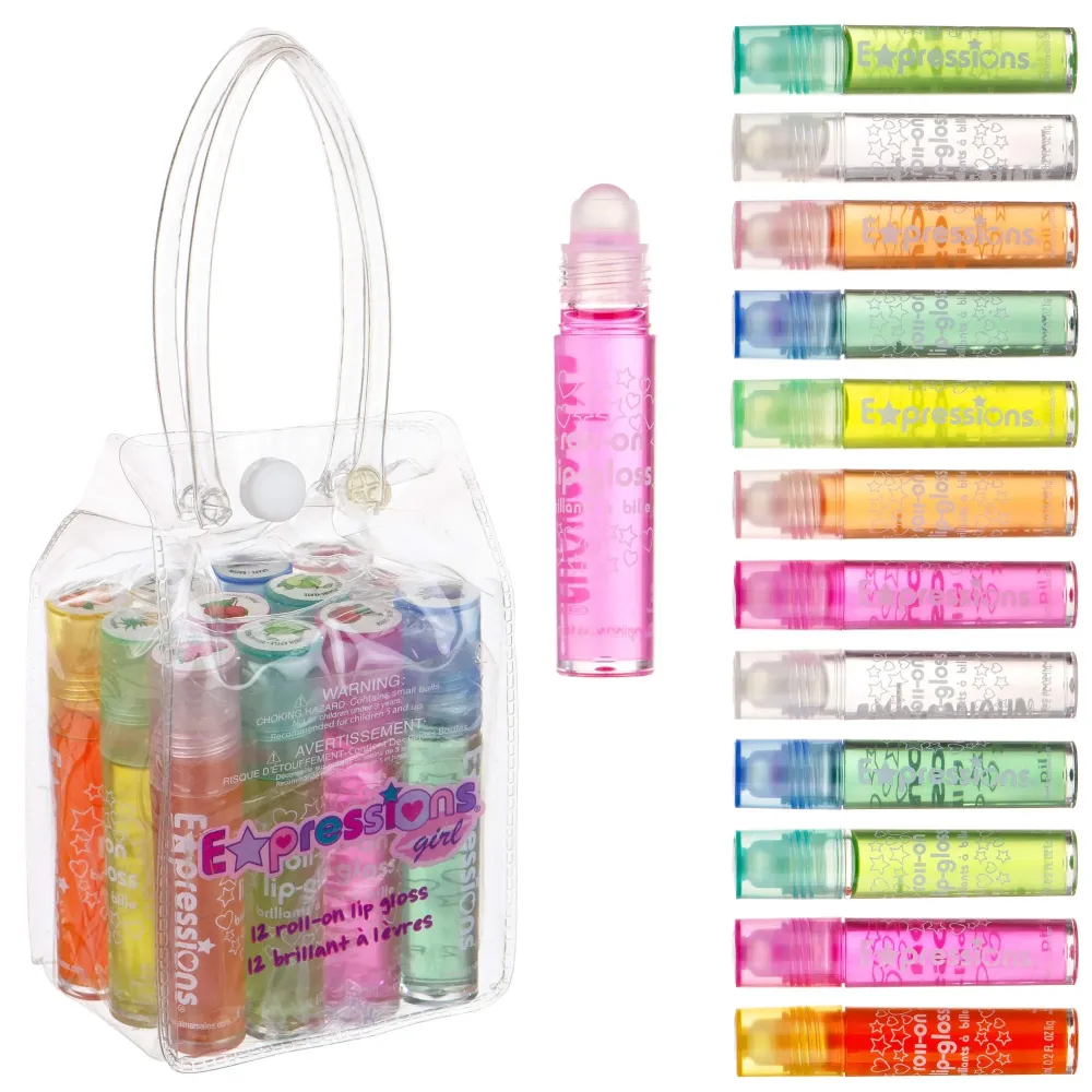 Expressions girl 12pc Roll On Lip Gloss Set with Carrying Case, Glossy Lip Make-up for Kids and Teens - Fruity Flavors, Non Toxic, Kid Friendly, Party Gift, Best Friends Expressions girl 12pc Roll On Lip Gloss Set with Carrying Case, Glossy Lip Make-up for Kids and Teens - Fruity Flavors, Non Toxic, Kid Friendly, Party Gift, Best Friends