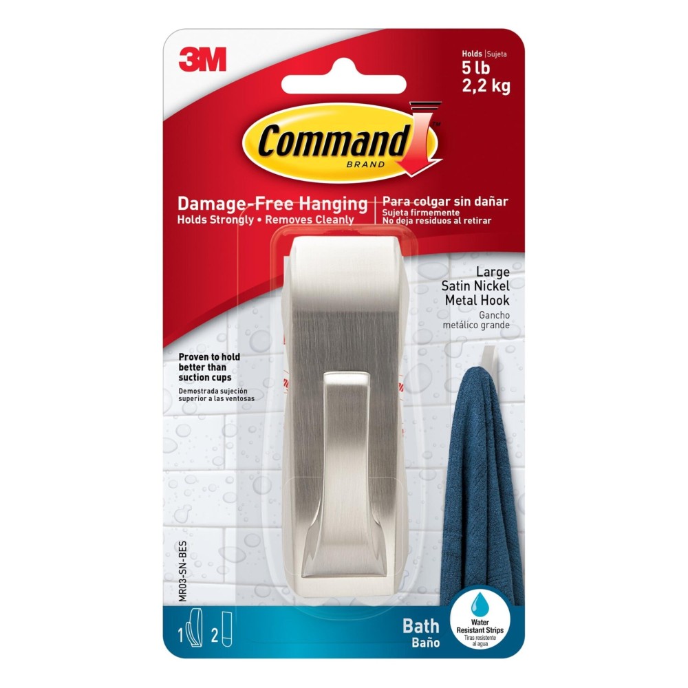 Command Modern Reflections Large Metal Bath Hook, Satin Nickel, 1-Hook with Water-Resistant Strips, Organize Damage-Free Command Modern Reflections Large Metal Bath Hook, Satin Nickel, 1-Hook with Water-Resistant Strips, Organize Damage-Free