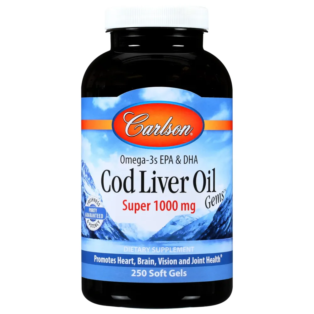 Carlson - Cod Liver Oil Gems, Super 1000 mg, 250 mg Omega-3s, 400 IU (10 mcg) Vitamin D3, Wild Caught Norwegian Arctic Cod Liver Oil, Nordic Fish Oil Capsules, 250 Softgels