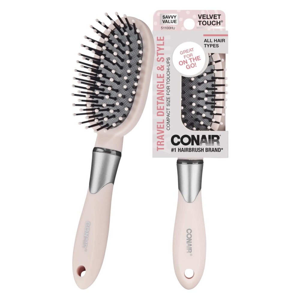 Conair Velvet Touch oval cushion hair brush - Travel Hairbrush- Detangling - curly or straight styles - detangler brushes - women or men - Blush Pink