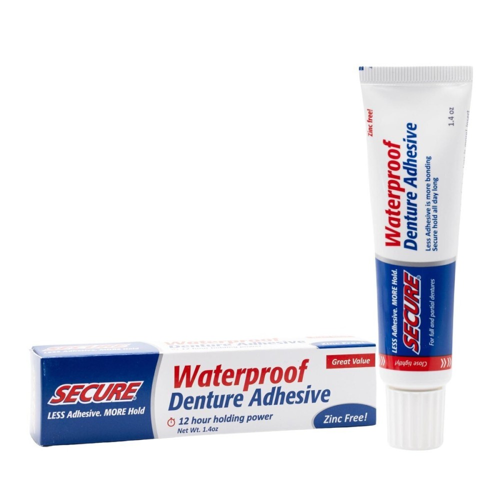 Secure Waterproof Denture Adhesive - Zinc Free - Extra Strong Hold For Upper, Lower or Partials - 1.4 oz