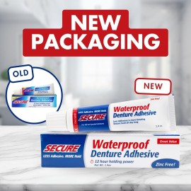 Secure Waterproof Denture Adhesive - Zinc Free - Extra Strong Hold For Upper, Lower or Partials - 1.4 oz