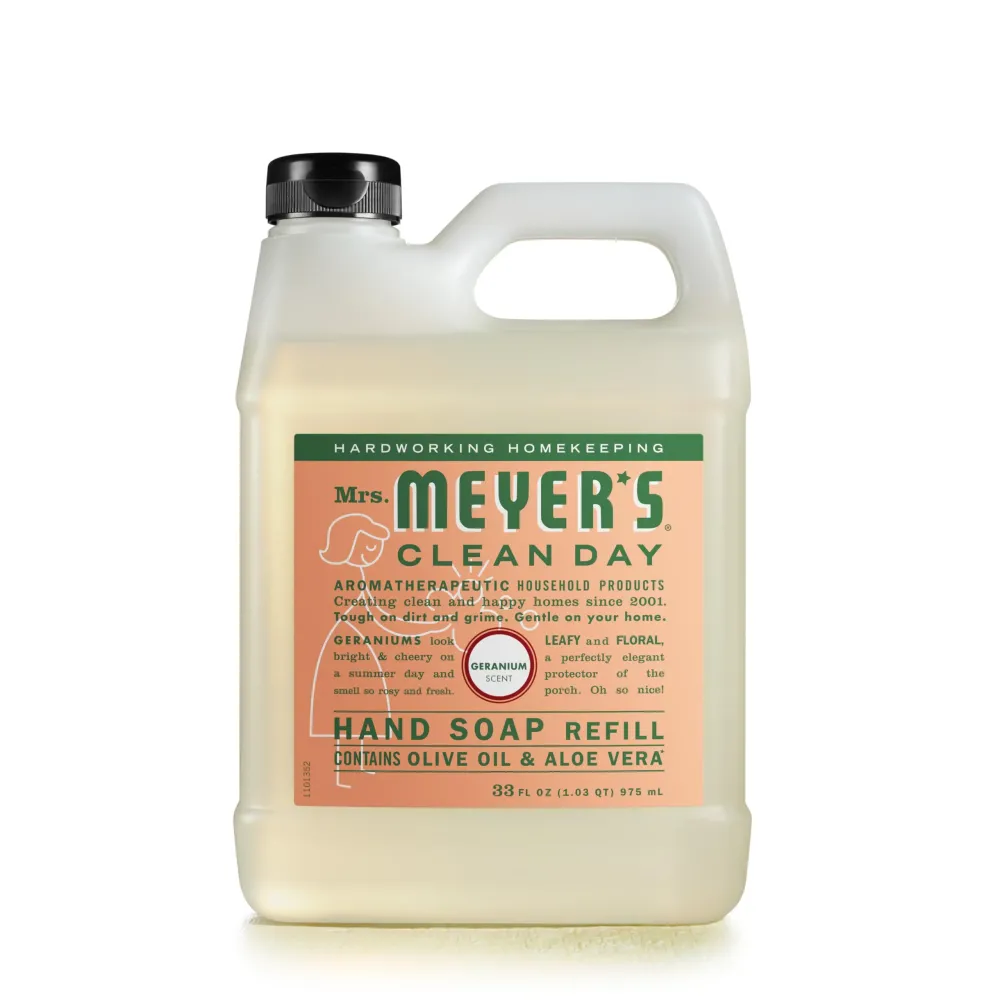 MRS. MEYER\'S CLEAN DAY Hand Soap Refill, Made with Essential Oils, Biodegradable Formula, Geranium, 33 fl. oz MRS. MEYER\'S CLEAN DAY Hand Soap Refill, Made with Essential Oils, Biodegradable Formula, Geranium, 33 fl. oz