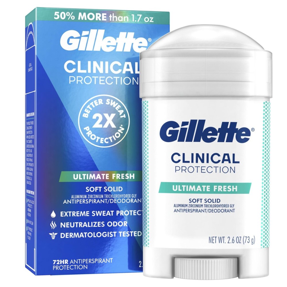 Gillette Clinical Antiperspirant and Deodorant for Men, 72hr Sweat & Odor Protection, Long Lasting Freshness, Anti-White Mark Technology, Soft Solid, Ultimate Fresh Scent, 2.6 oz Gillette Clinical Antiperspirant and Deodorant for Men, 72hr Sweat & Odor Protection, Long Lasting Freshness, Anti-White Mark Technology, Soft Solid, Ultimate Fresh Scent, 2.6 oz