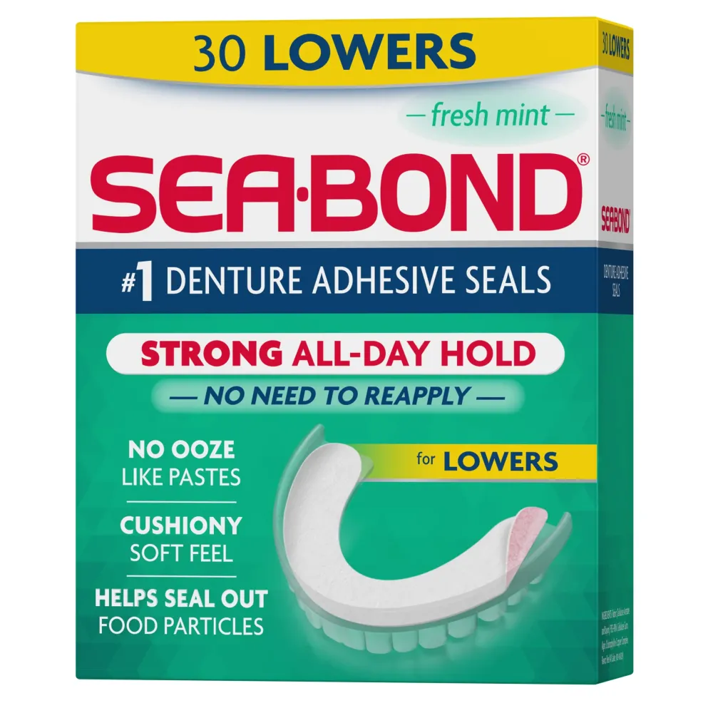 Sea Bond Secure Denture Adhesive Seals, Fresh Mint Lowers, Zinc-Free, All-Day-Hold, Mess-Free, 30 Count (Pack of 1) Sea Bond Secure Denture Adhesive Seals, Fresh Mint Lowers, Zinc-Free, All-Day-Hold, Mess-Free, 30 Count (Pack of 1)