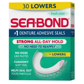 Sea Bond Secure Denture Adhesive Seals, Fresh Mint Lowers, Zinc-Free, All-Day-Hold, Mess-Free, 30 Count (Pack of 1)
