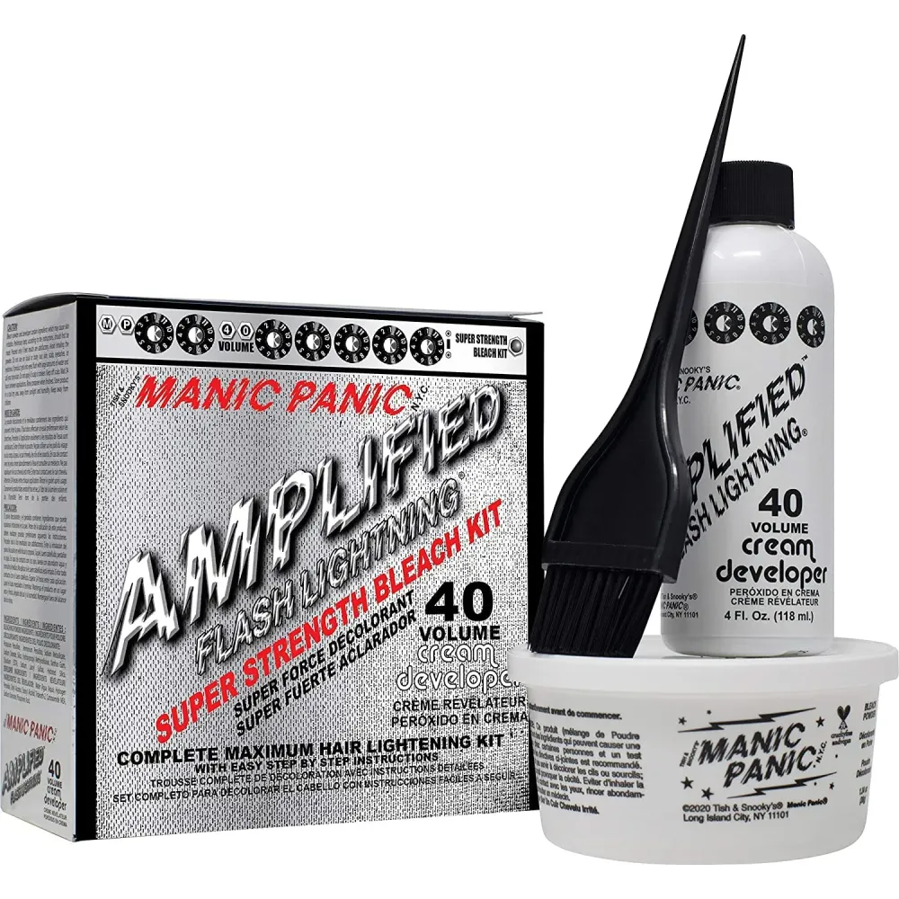 MANIC PANIC Flash Lightning Super Strength Bleach Kit - 40 Volume Developer + Bleach Powder - Hair Lightener for Dark Hair + Lifting up to 7 Levels - Vegan & Cruelty Free MANIC PANIC Flash Lightning Super Strength Bleach Kit - 40 Volume Developer + Bleach Powder - Hair Lightener for Dark Hair + Lifting up to 7 Levels - Vegan & Cruelty Free