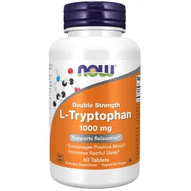 NOW Foods Supplements, L-Tryptophan 1,000 mg, Double Strength, Encourages Positive Mood*, Supports Relaxation*, 60 Tablets