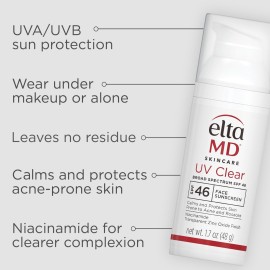 EltaMD UV Clear Face Sunscreen SPF 46, Oil Free for Face with Zinc Oxide, Dermatologist Recommended Sunscreen Lotion, For Acne-Prone Sensitive Skin, 1.7 oz Pump EltaMD UV Clear Face Sunscreen SPF 46, Oil Free for Face with Zinc Oxide, Dermatologist Recommended Sunscreen Lotion, For Acne-Prone Sensitive Skin, 1.7 oz Pump