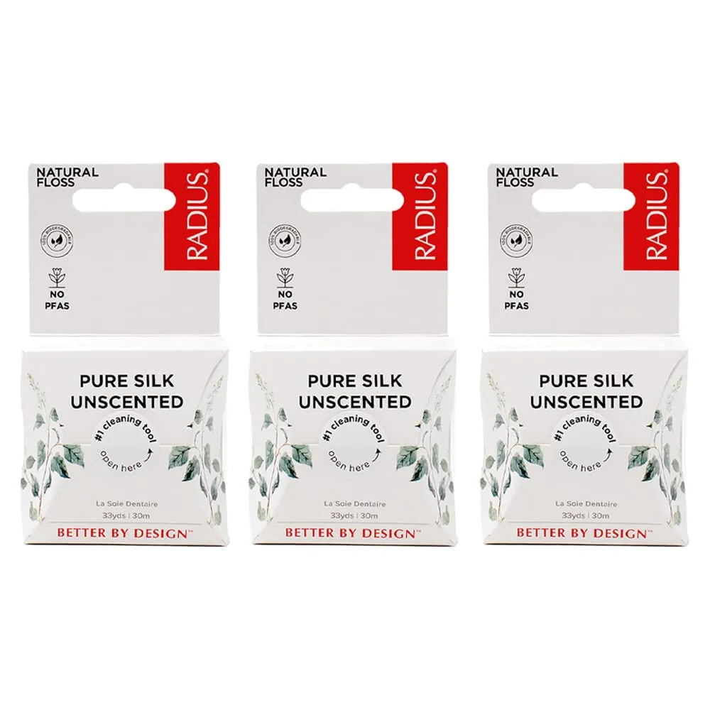 RADIUS Dental Floss, Natural Floss, Unscented Silk, 33 Yards, Compostable & Non-Toxic Oral Care Designed to Help Fight Plaque, Pack of 3 RADIUS Dental Floss, Natural Floss, Unscented Silk, 33 Yards, Compostable & Non-Toxic Oral Care Designed to Help Fight Plaque, Pack of 3