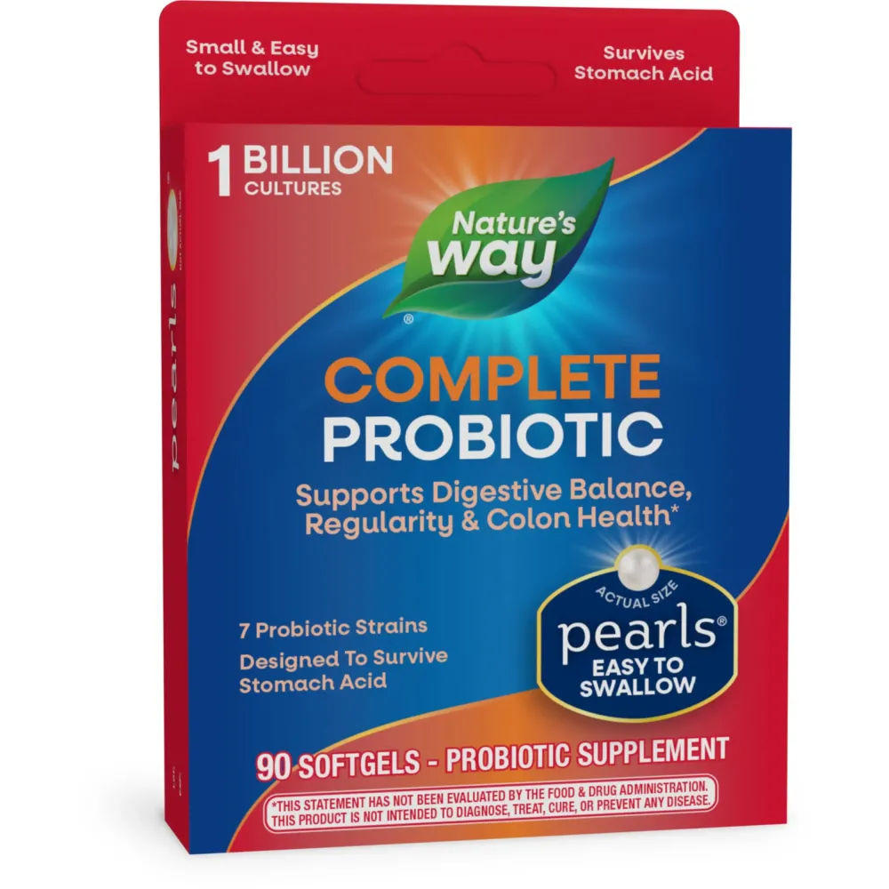Nature\'s Way Complete Probiotic Pearls, Supports Digestive Balance*, 1 Billion Live Cultures, Supplement for Men and Women, No Refrigeration Required, 90 softgels (Packaging May Vary) Nature\'s Way Complete Probiotic Pearls, Supports Digestive Balance*, 1 Billion Live Cultures, Supplement for Men and Women, No Refrigeration Required, 90 softgels (Packaging May Vary)