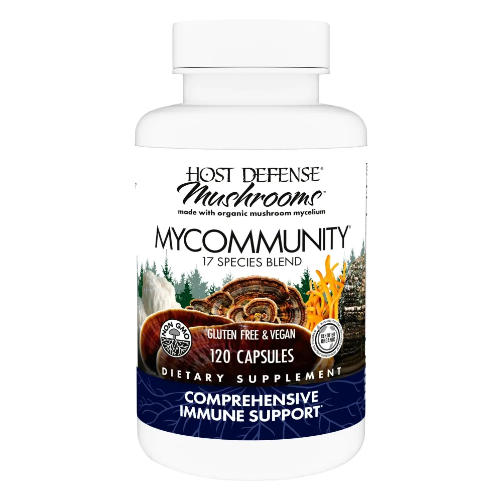 Host Defense MyCommunity Capsules - 17 Species Blend Mushroom Supplement for Immune Support - Herbal Aid with Lion\'s Mane, Reishi. Chaga, Cordyceps, Turkey Tail & More - 120 Capsules (60 Servings)* Host Defense MyCommunity Capsules - 17 Species Blend Mushroom Supplement for Immune Support - Herbal Aid with Lion\'s Mane, Reishi. Chaga, Cordyceps, Turkey Tail & More - 120 Capsules (60 Servings)*