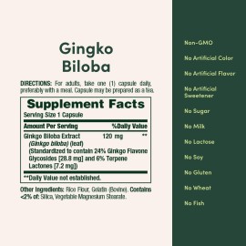 Nature\'s Bounty Ginkgo Biloba Capsules 120mg, Memory Support Supplement, Supports Brain Function and Mental Alertness, 100 Capsules