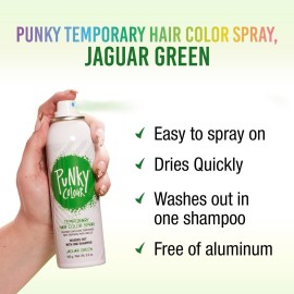 Punky, Temporary Hair Color Spray, Jaguar Green, Non-Sticky, Non-Damaging Hair Dye Instant Vivid Hair Color, 3.5 oz, 1 Pack Punky, Temporary Hair Color Spray, Jaguar Green, Non-Sticky, Non-Damaging Hair Dye Instant Vivid Hair Color, 3.5 oz, 1 Pack