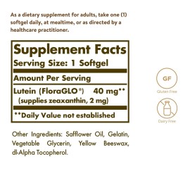 Solgar Lutein 40 mg, 30 Softgels - Supports Eye Health - Helps Filter Out Blue-Light - Contains FloraGLO Lutein - Gluten-Free, Dairy Free - 30 Servings