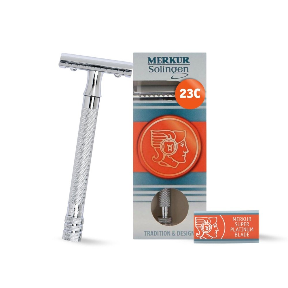 MERKUR 23C Double Edge Safety Razor - Polished Chrome, Long Knurled Brass Handle, Made in Germany, Plastic-Free, Three Piece Design, Closed Comb, Straight Bar MERKUR 23C Double Edge Safety Razor - Polished Chrome, Long Knurled Brass Handle, Made in Germany, Plastic-Free, Three Piece Design, Closed Comb, Straight Bar