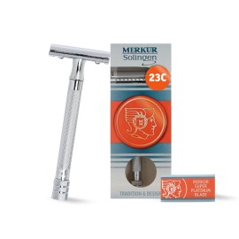 MERKUR 23C Double Edge Safety Razor - Polished Chrome, Long Knurled Brass Handle, Made in Germany, Plastic-Free, Three Piece Design, Closed Comb, Straight Bar MERKUR 23C Double Edge Safety Razor - Polished Chrome, Long Knurled Brass Handle, Made in Germany, Plastic-Free, Three Piece Design, Closed Comb, Straight Bar